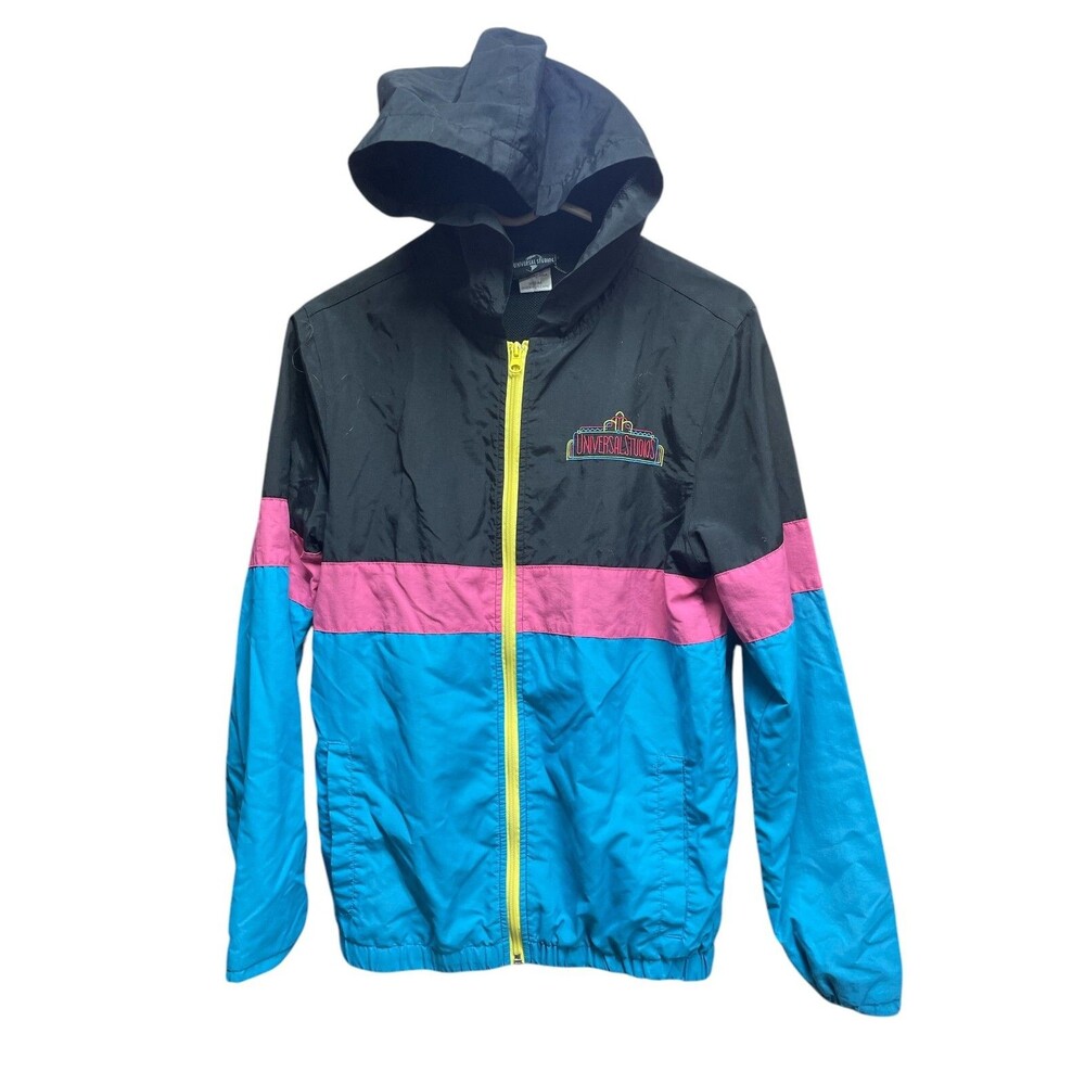 Universal Studios Jacket Men XS Blue Pink Windbreaker Hooded Y2K Retro Look
